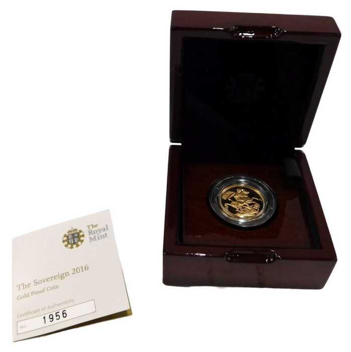 An Elizabeth II proof full gold sovereign, 2016, in outer box with paperwork.