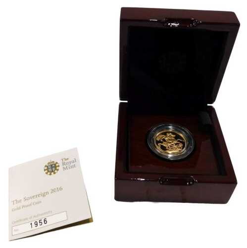 An Elizabeth II proof full gold sovereign, 2016, in outer box with paperwork.