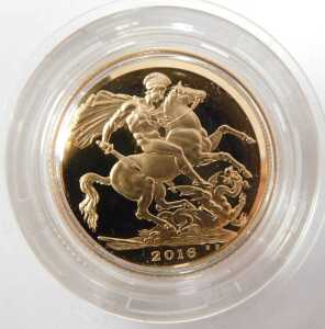 An Elizabeth II proof full gold sovereign, 2016, in outer box with paperwork. - 2