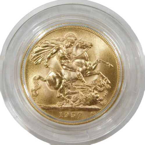 An Elizabeth II uncirculated full gold sovereign, dated 1957.