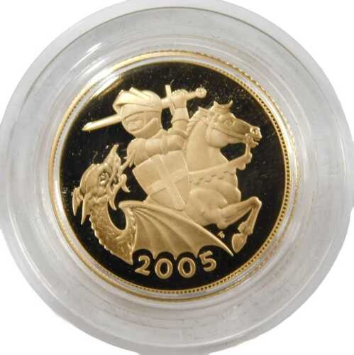 An Elizabeth II proof full gold sovereign, dated 2005.