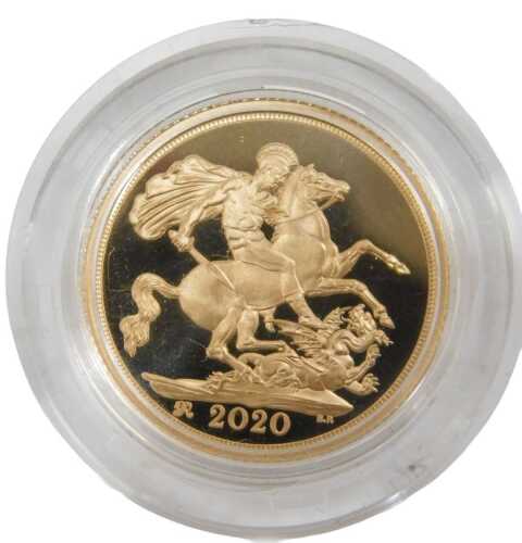 An Elizabeth II proof full gold sovereign, dated 2020.