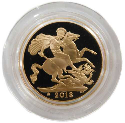 An Elizabeth II proof full gold sovereign, dated 2018.