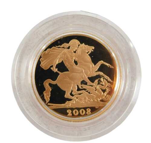 An Elizabeth II proof full gold sovereign, dated 2008.