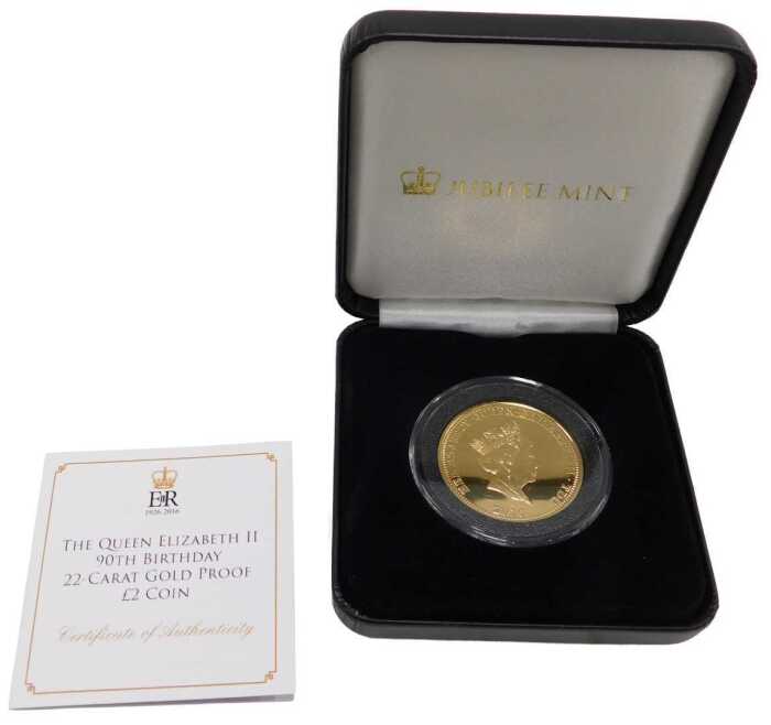 An Elizabeth II 90th birthday 22ct gold proof two pound coin, in Jubilee Mint case, with...