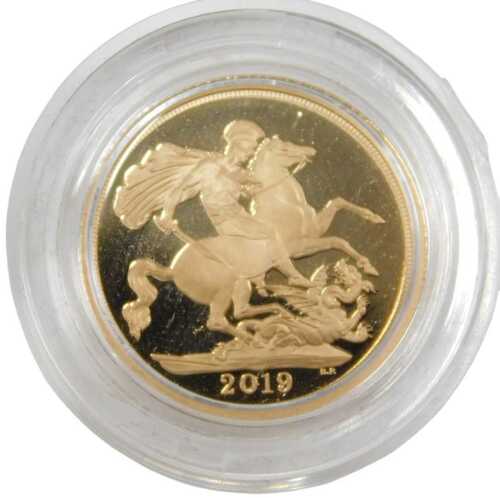 An Elizabeth II proof full gold sovereign, dated 2019.