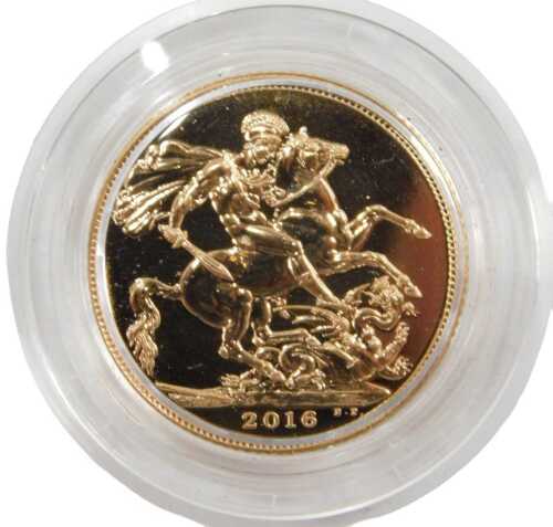 An Elizabeth II uncirculated Clark full gold sovereign, dated 2016.