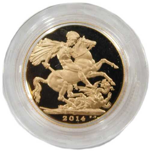 An Elizabeth II proof full gold sovereign, dated 2014.