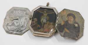 A reliquary, the front and back hinging to reveal oils on tin of Our Lady of the Most Holy... - 4