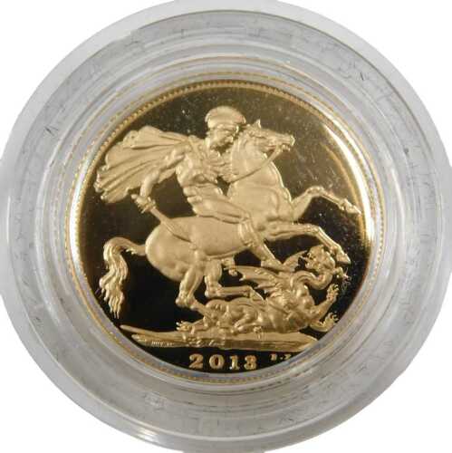 An Elizabeth II proof full gold sovereign, dated 2013.