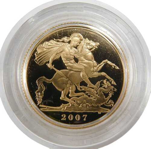 An Elizabeth II proof full gold sovereign, dated 2007.
