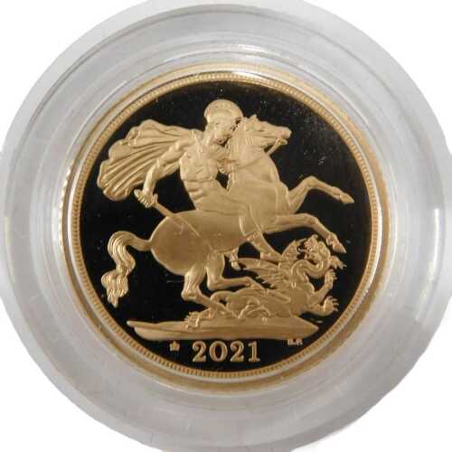 An Elizabeth II proof full gold sovereign, dated 2021.