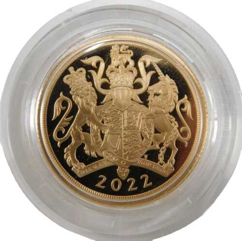 An Elizabeth II proof full gold sovereign, dated 2022.