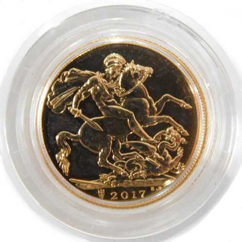 An Elizabeth II uncirculated mint mark full gold sovereign, dated 2017.
