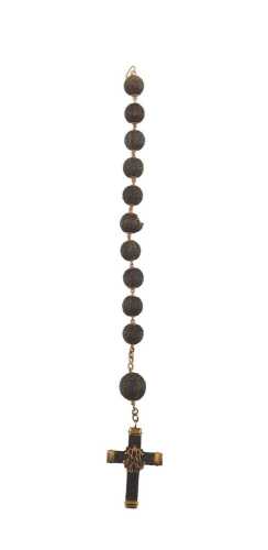 A memorial crucifix and bead pendant, the design of interlocked hair, on yellow metal hat pins...