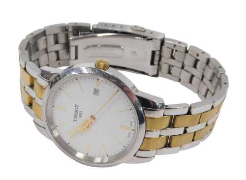 A Tissot timeline gentlemen's wristwatch, 1853, bicolour stainless steel bracelet, with white...