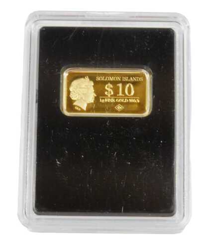 A proof Solomon Islands ten dollar ingot, the proof case marked AU999.9 1,00g proof, in outer...