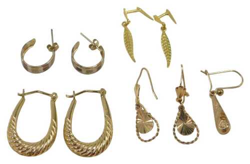 A group of 9ct gold and other earrings, comprising a pair of drop twist hoops, a pair of...