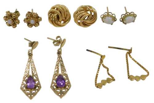 A group of 9ct gold and other assorted stone set earrings, comprising a pair of 9ct rose gold...