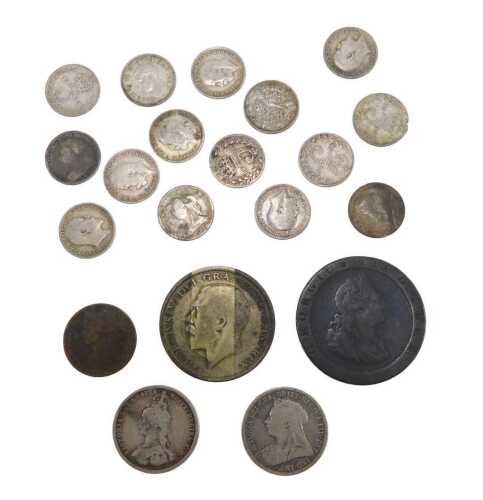 Various coins, pre decimal, George III cartwheel penny, various low denomination silver, etc. (a...