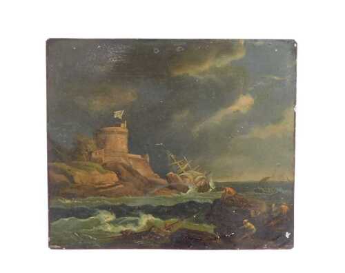 19thC English School. Stormy seas, shipwreck, figures on rocks before boat and castle, oil on...