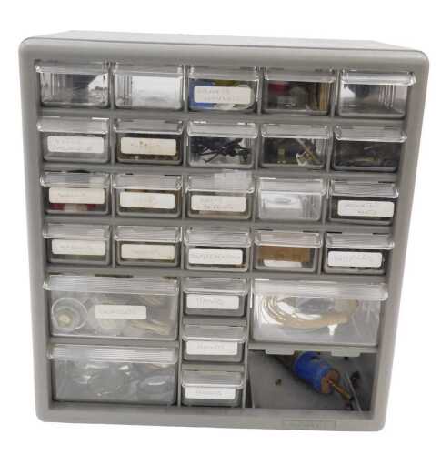 Various clock-making components, bits, wood screws, vintage clock-making items, glasses for...