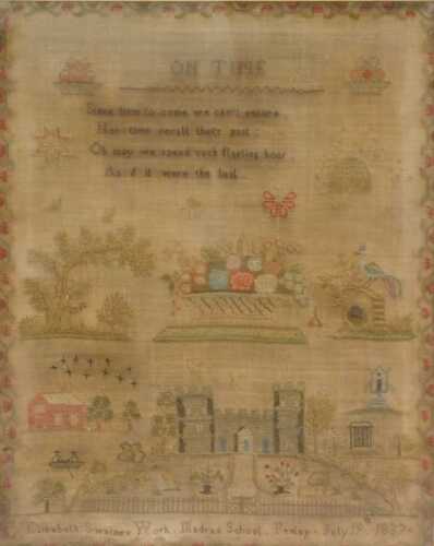 A late William IV/early Victorian pictorial motto sampler, stitched with figures in boat, houses...