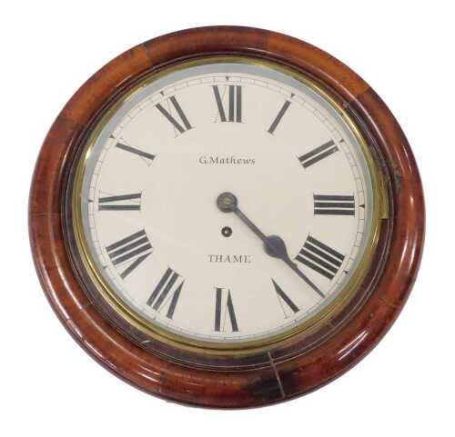 A 19thC mahogany cased wall clock, the 28cm diameter dial signed G. Mathews Thame, key wind...