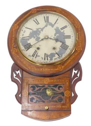A 19thC walnut cased American drop dial wall clock, with 29cm Roman numeric dial, in an inlaid...