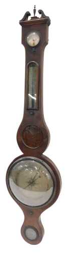 A 19thC four dial wheel barometer, the silvered 19cm diameter dial fitted in a mahogany case...