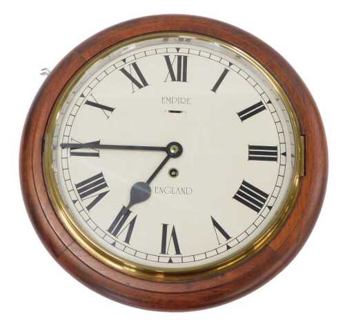 A late 20thC mahogany cased wall clock, the 28cm diameter Roman numeric dial marked Empire...