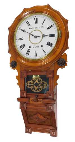 A 19thC American style drop dial walnut cased wall clock, the 28cm diameter Roman numeric dial...