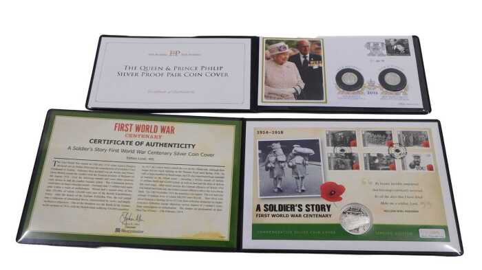 A Queen Elizabeth II and Prince Philip silver proof pair coin cover, and silver coin collection...