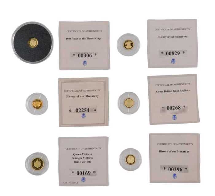 Various History of The Monarchy and other 14ct gold proof miniature coins, to include History of...