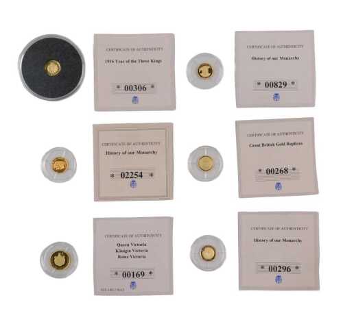 Various History of The Monarchy and other 14ct gold proof miniature coins, to include History of...