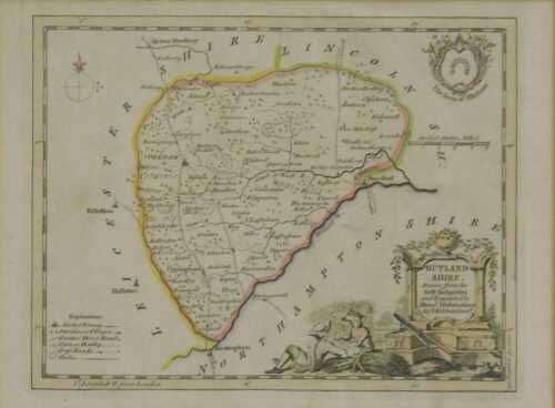 After Kitchin. Antiquarian map of Rutlandshire, coloured bookplate engraving, 17cm x 22cm.