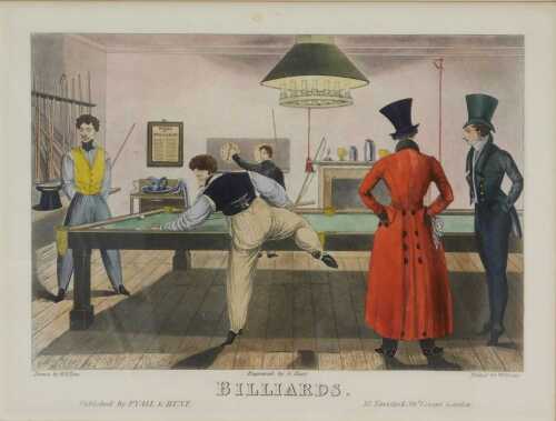 After Pyne and Williams. Billiards, coloured bookplate engraving, 20cm x 29cm.