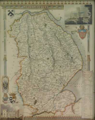 After Moule. Map of Lincolnshire, coloured bookplate, 50cm x 39cm.