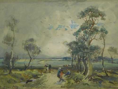 William Manners (1860-1930). Landscape with four figures and a horse on a country path with...