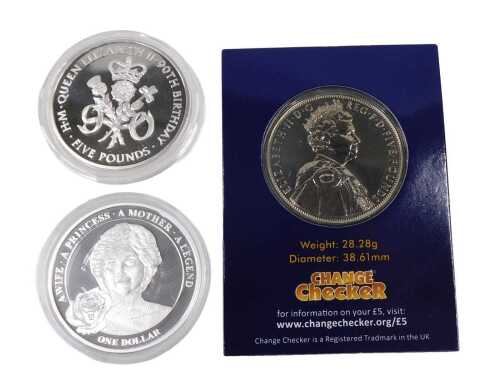 Various proof coins, silver plated Diana Princess of Wales, five pound Queen Elizabeth II 90th...