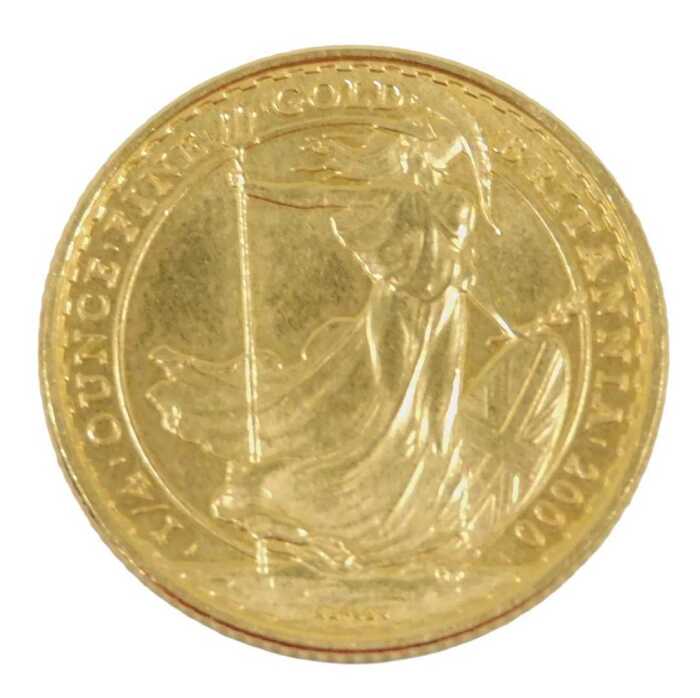 A coin, marked Elizabeth II twenty five pounds, 1/4ounce fine gold, Britannia 2000.