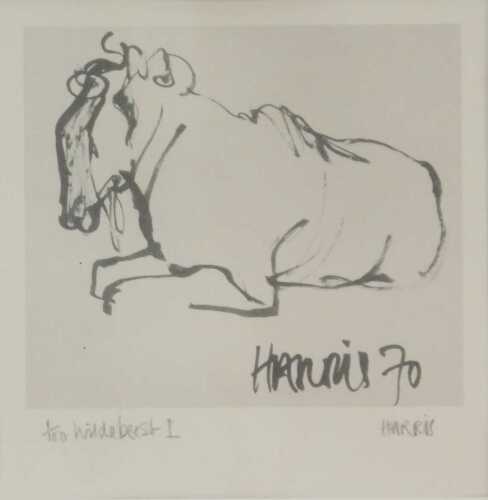 Jael Harris (20thC). Wildebeest I, artist signed limited edition print number 1/150, 19cm x 19cm.