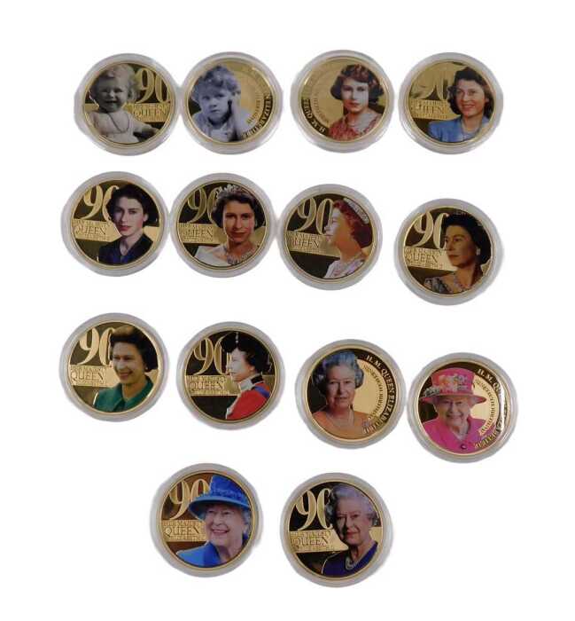 Various Queen Elizabeth II 90th birthday commemorative proof coins, in colours, in proof cases...