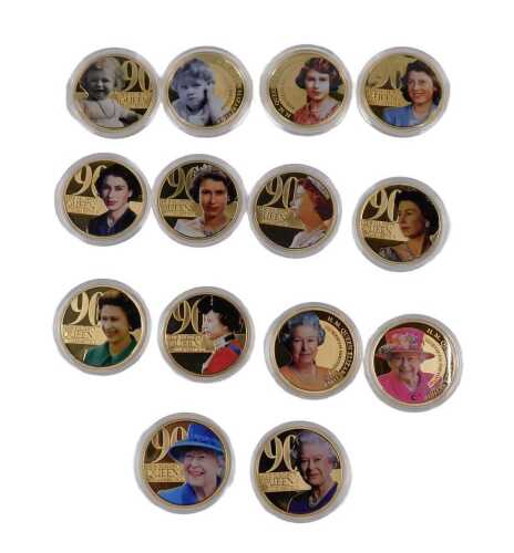 Various Queen Elizabeth II 90th birthday commemorative proof coins, in colours, in proof cases...