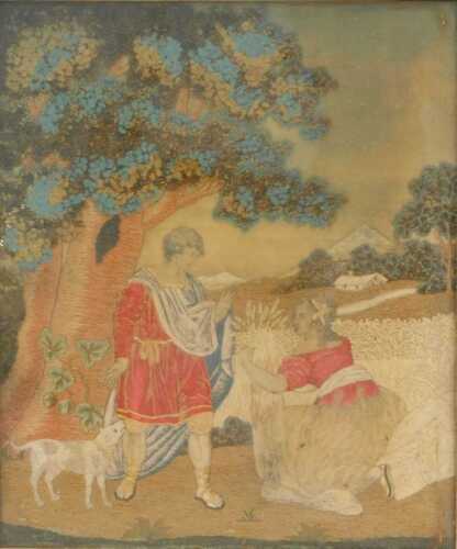 An early 19thC embroidery and wool work, figure picking wheat in a naturalistic setting before...