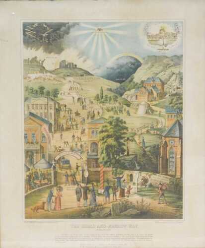 After Montague and Kirkham. The Broad and Narrow Way, lithograph, 48cm x 37cm.