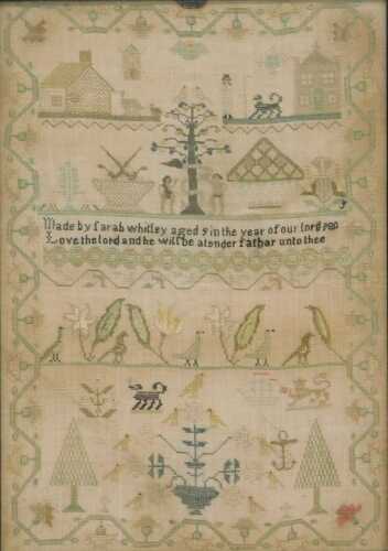 A 19thC pictorial sampler, made by Sarah Whitley aged 9, partially dated 180, 43cm x 30cm,...