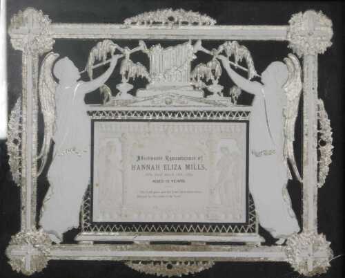 A memorial funeral card and surround, for Hannah Eliza Mills, aged 13, died March 18th 1879,...