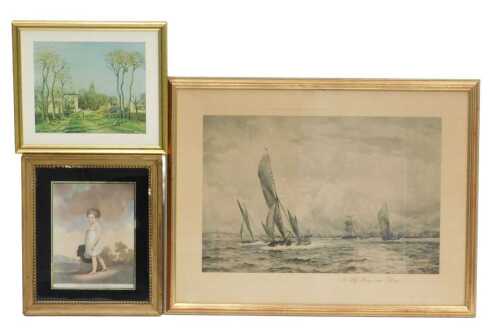 After Stadler. The Mother's Hope, 19thC stipple engraving, 25cm x 18cm, Pissaro print, etc. (3)