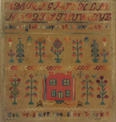 A 19thC alphabetic, numeric and pictorial sampler, by Ester Harrison, undated, 43cm x 40cm.